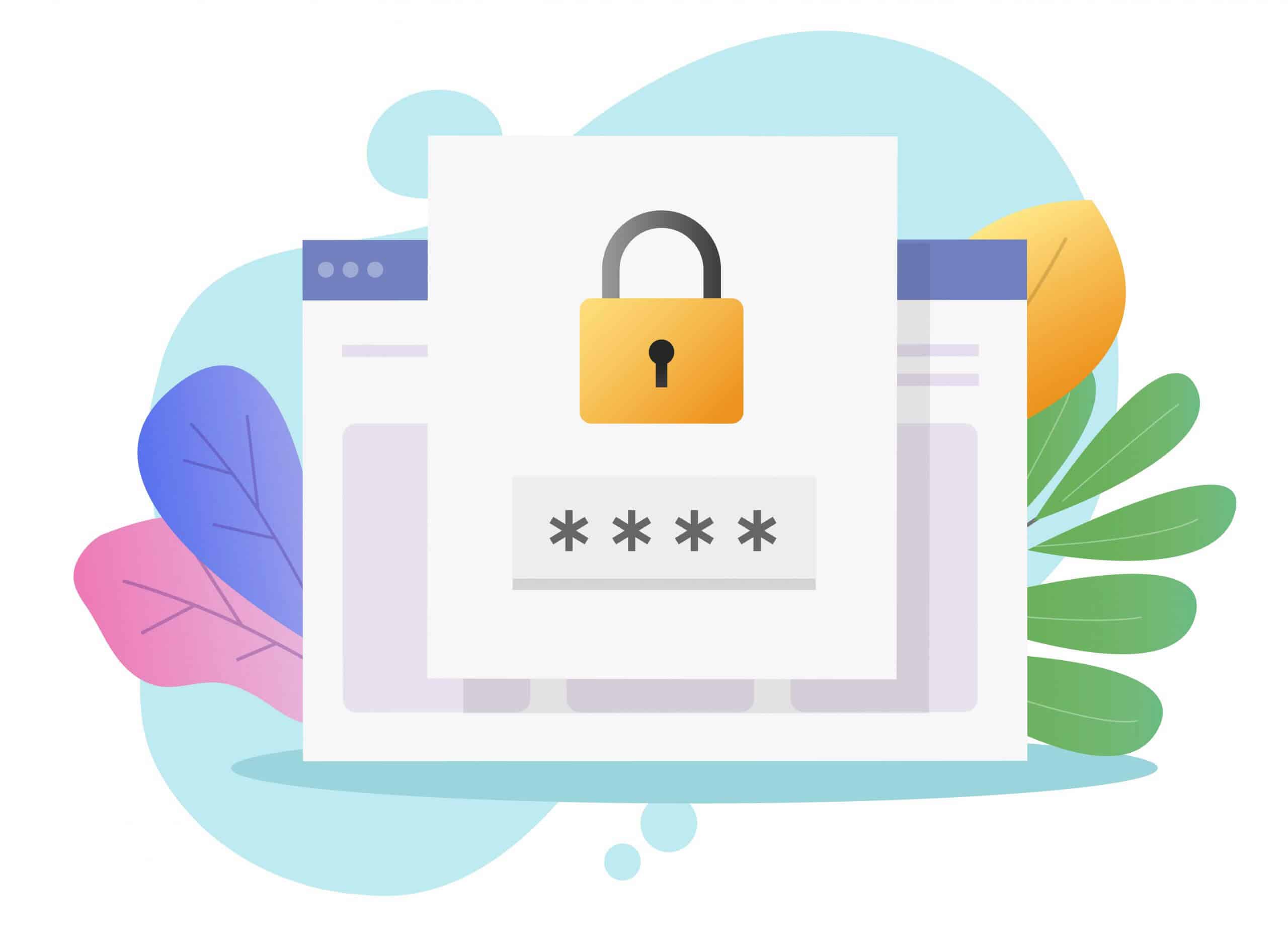 Website password security access lock notice online on document page or verification login code web internet notification for authentication vector flat illustration, private authorization concept about-us